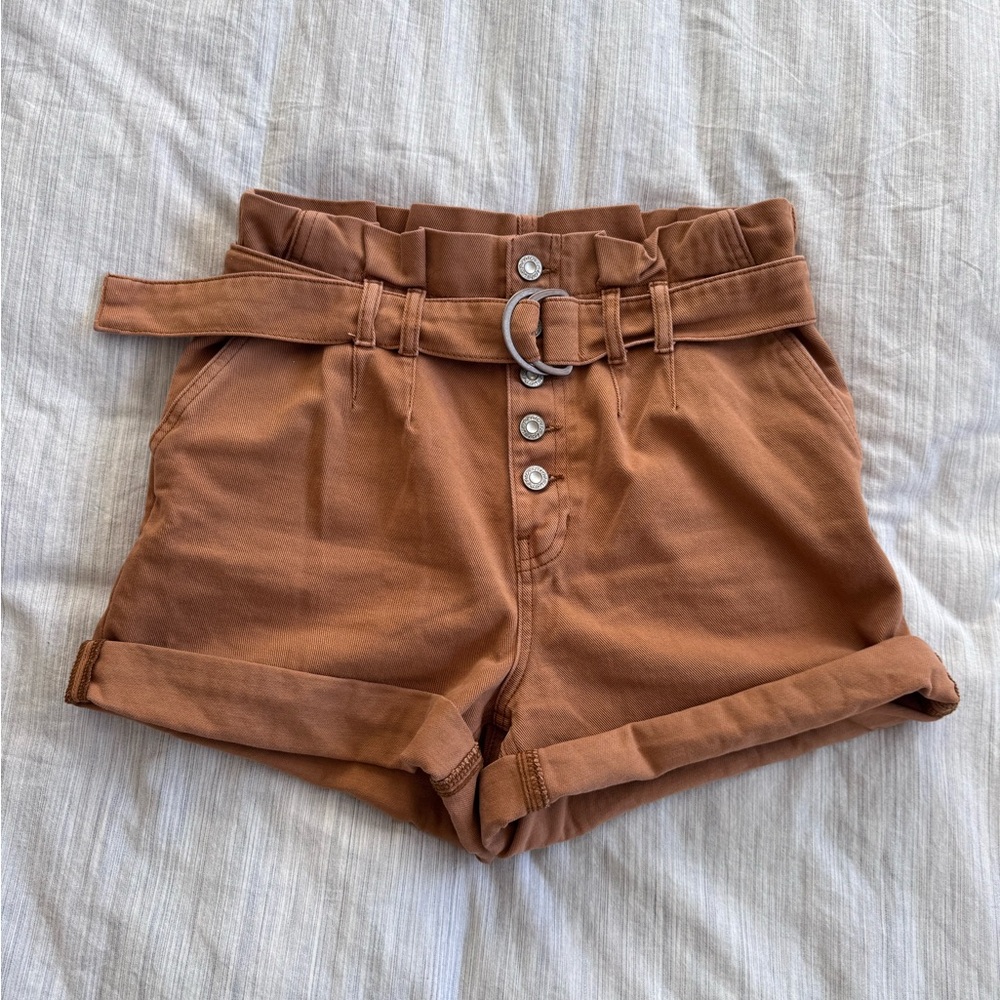 Free People High-Waist Paperbag Belted Shorts in Rust Brown